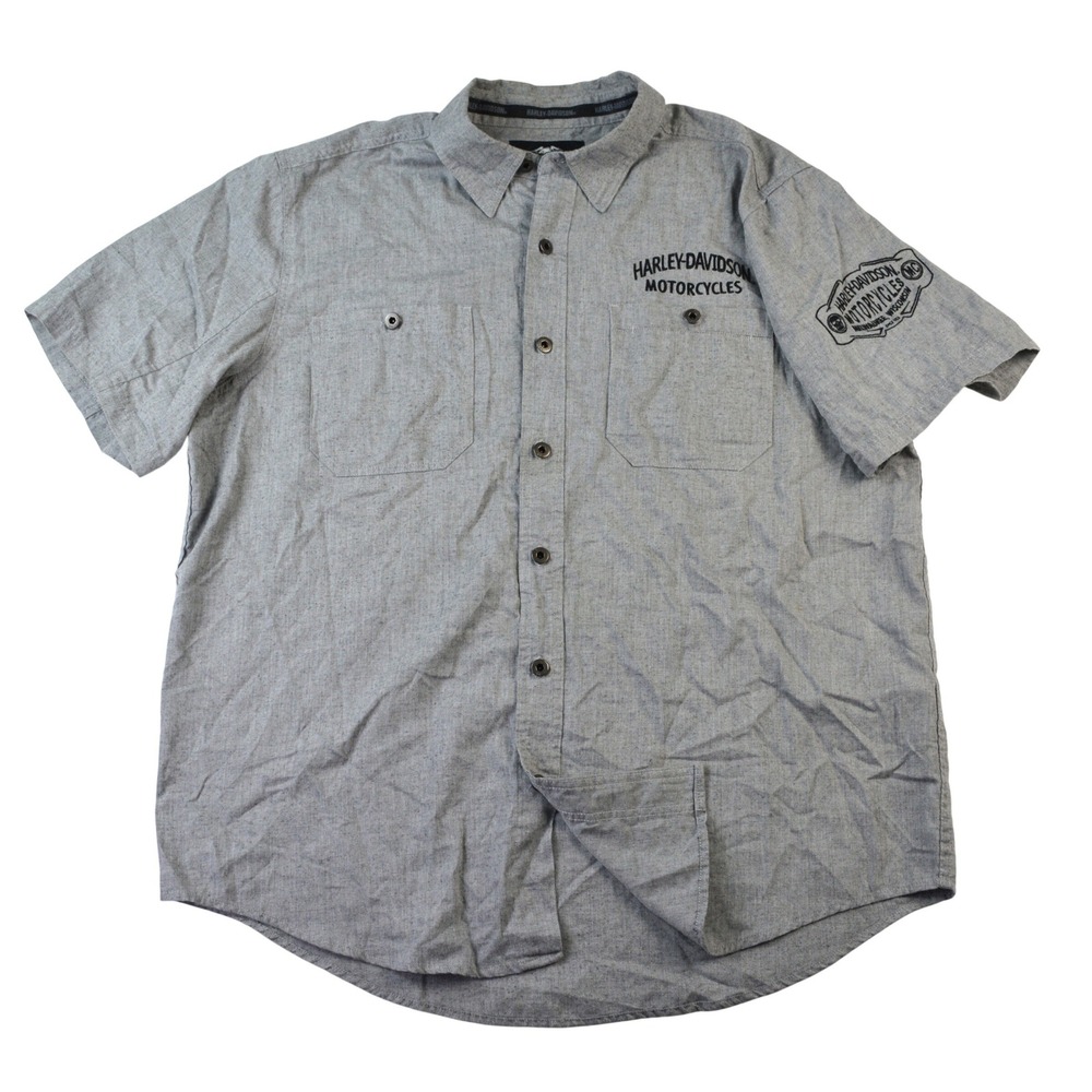 Harley-Davidson Mens XL Gray Short Sleeve Button Up Graphic Work Shirt 1903 Logo